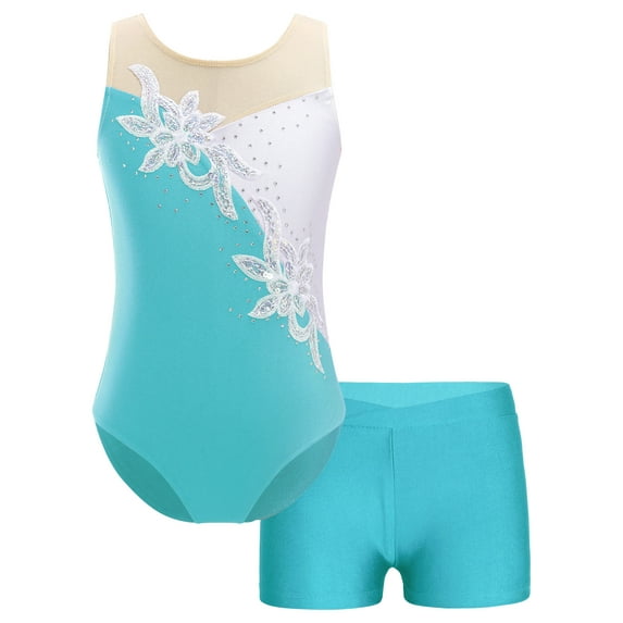 Aislor Kids Girls 2Pcs Sequins Ballet Dance Sleeveless Floral Gymnastic Leotard with Booty Shorts 4-14 Blue Green 6
