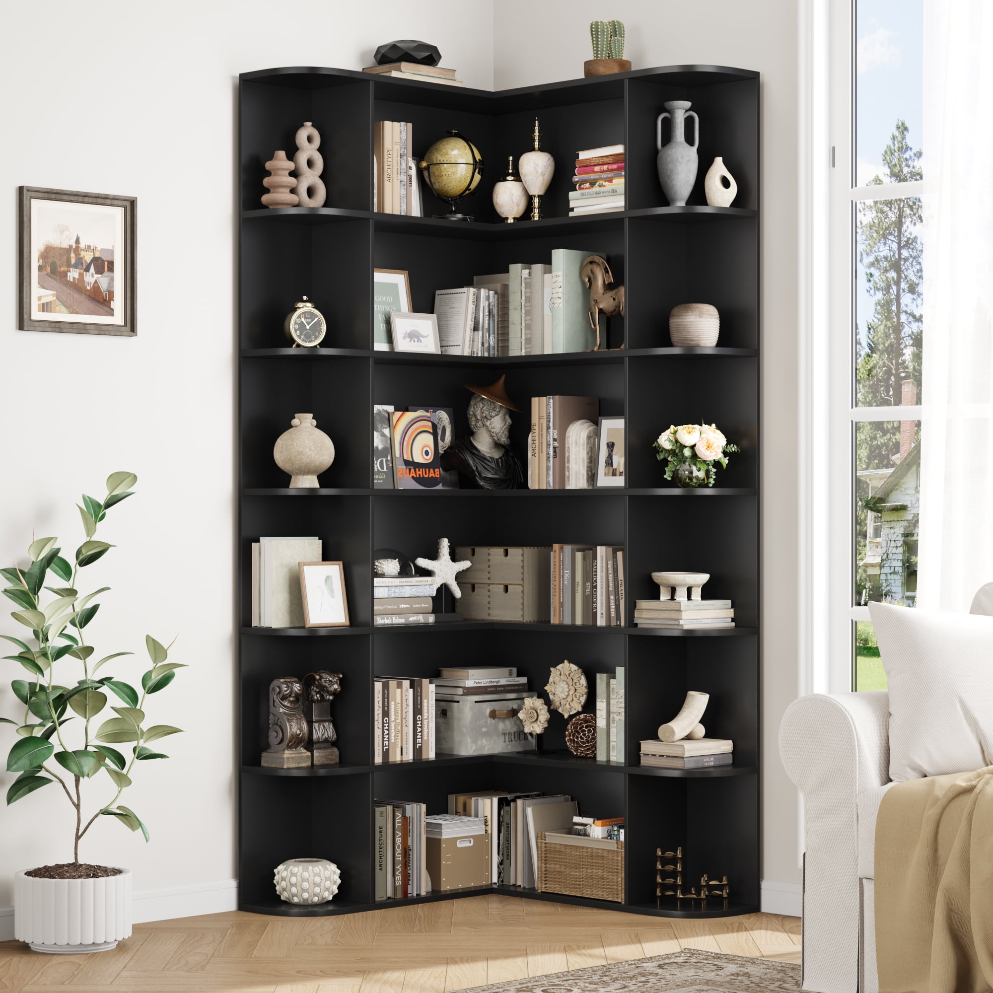 Homfa 73.9” Tall Corner Bookshelf, 6 Tier L-Shaped Large Display Bookcase with Curved Edges for Living Room Home Office Study, Black