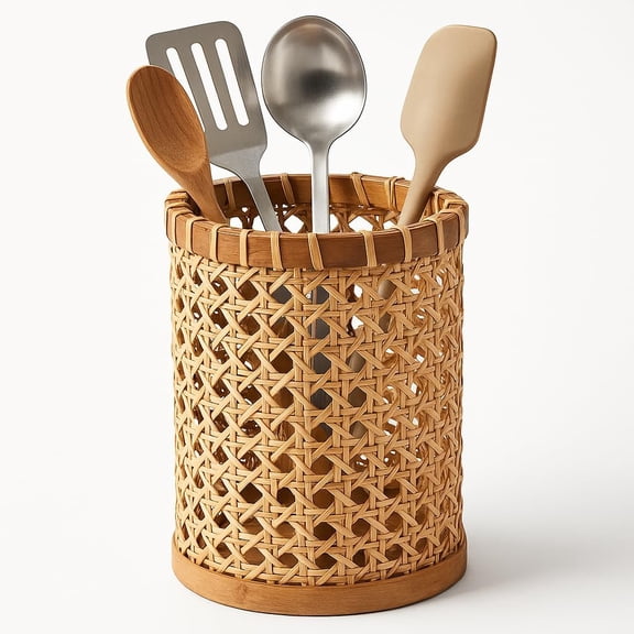 CZQ Handwoven Rattan Utensil Holder for Kitchen and Countertop | Natural Woven Organizer for Rustic Kitchen Decor, Basket for Cooking Tools and Tabletop Storage
