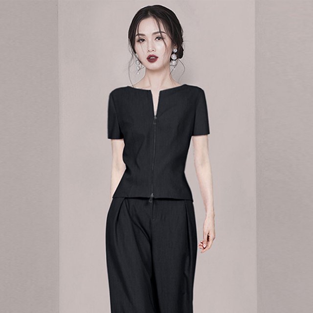 Ropa de mujer Estilo frío Ropa de mujer Traje de alta gama Verano Nueva moda Elegante Elegante Reductor de edad Slim-fit Negro Azul