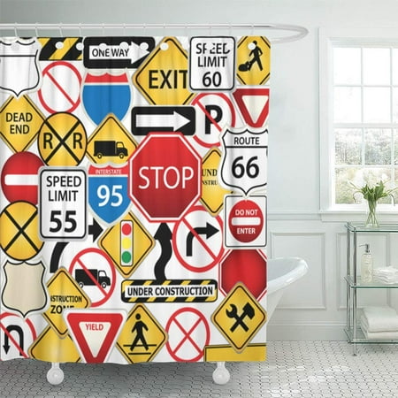 Highway Construction Signs - PKNMT Street Collage of Road and Traffic Signs Highway Stop Construction Freeway Exit Waterproof Bathroom Shower Curtains Set 66x72 inch