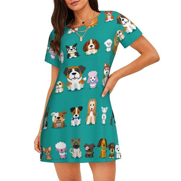 Fotbe Cartoon Dogs Bata de Dormir para Mujer con Estampado, Camisón de Algodón de Manga Corta, Ropa de Dormir Casual
