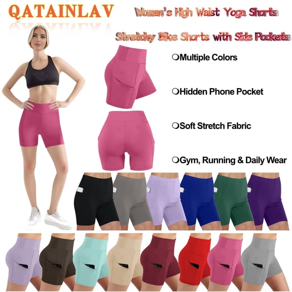 QATAINLAV Womens Biker Shorts with Pockets Gym Athletic Running Workout High Waisted Yoga Shorts Purple L