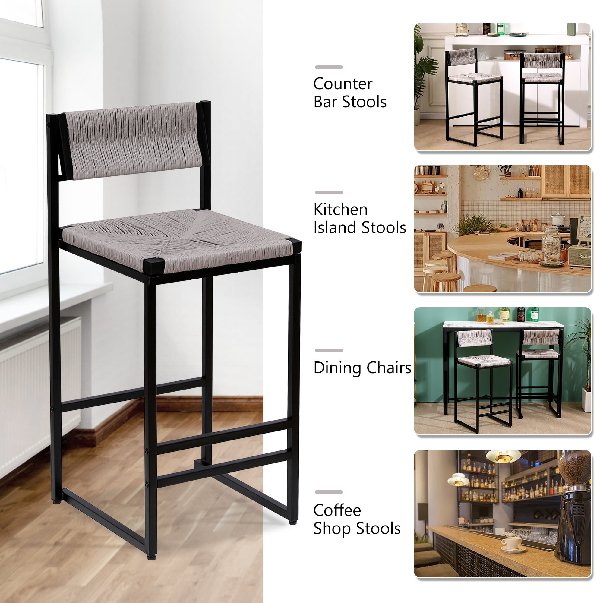 SYNGAR Bar Stools with Back Sets of 2, Woven Bar Chair with Metal Legs, Counter Height Bar Stools, Bar Chairs for Kitchen Bars Restaurants, Tufted Barstools Set, Gray