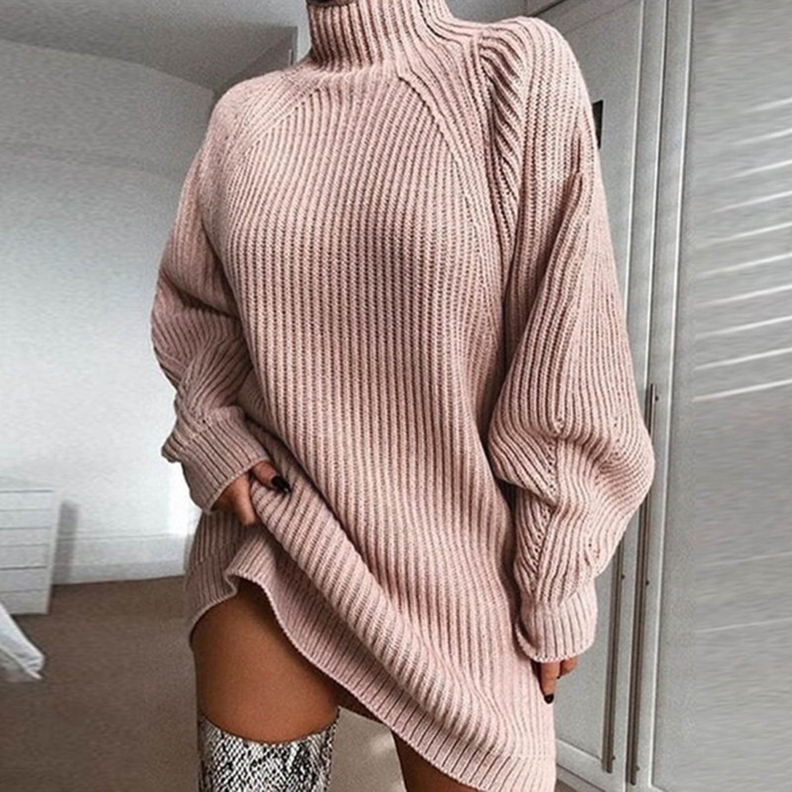Women Classy Turtleneck Knitted Sweater Dress Solid Color Loose Fit Long Sleeve Pullover Elegant Warm Frock