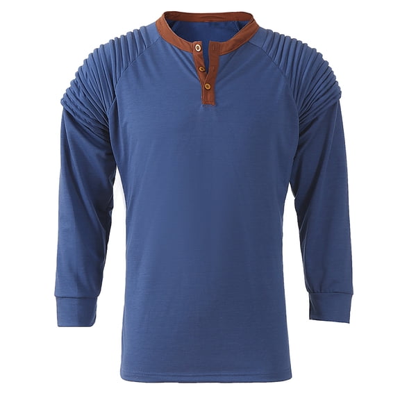 WREESH Mens Workout Shirts Henley Shirts Fitness Jogger Undershirt Solid Long Sleeve Button Shirts Slim Fit Pullover Dark Blue