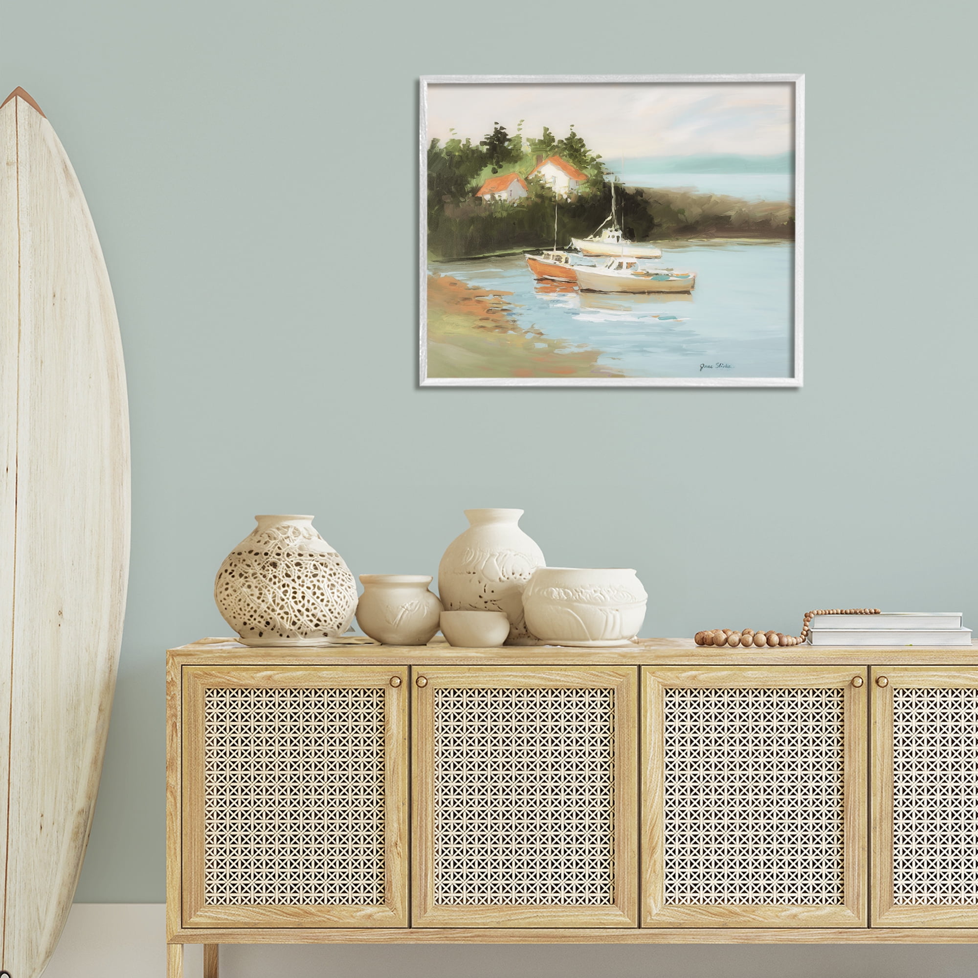 Stupell Industries Calm Boat Harbor Coastal Painting White Framed Art Print Wall Art, 30 x 24