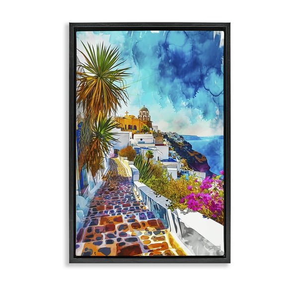 Stupell Industries Tropical Coastal Town Cities & Countries Painting Black Floater Framed Canvas Art Print Wall Art, 17 x 25