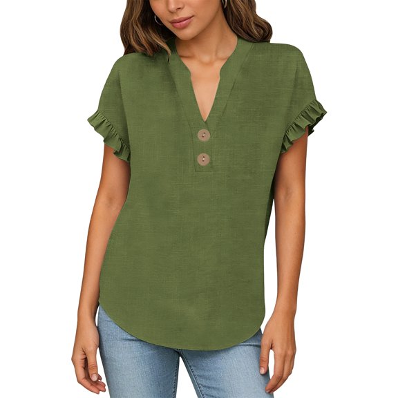 MOJOGO Women's Ruffle Short Sleeve Tops V Neck Linen Blouse Loose Quarter Button Up Shirts Loose Casual Summer Tops