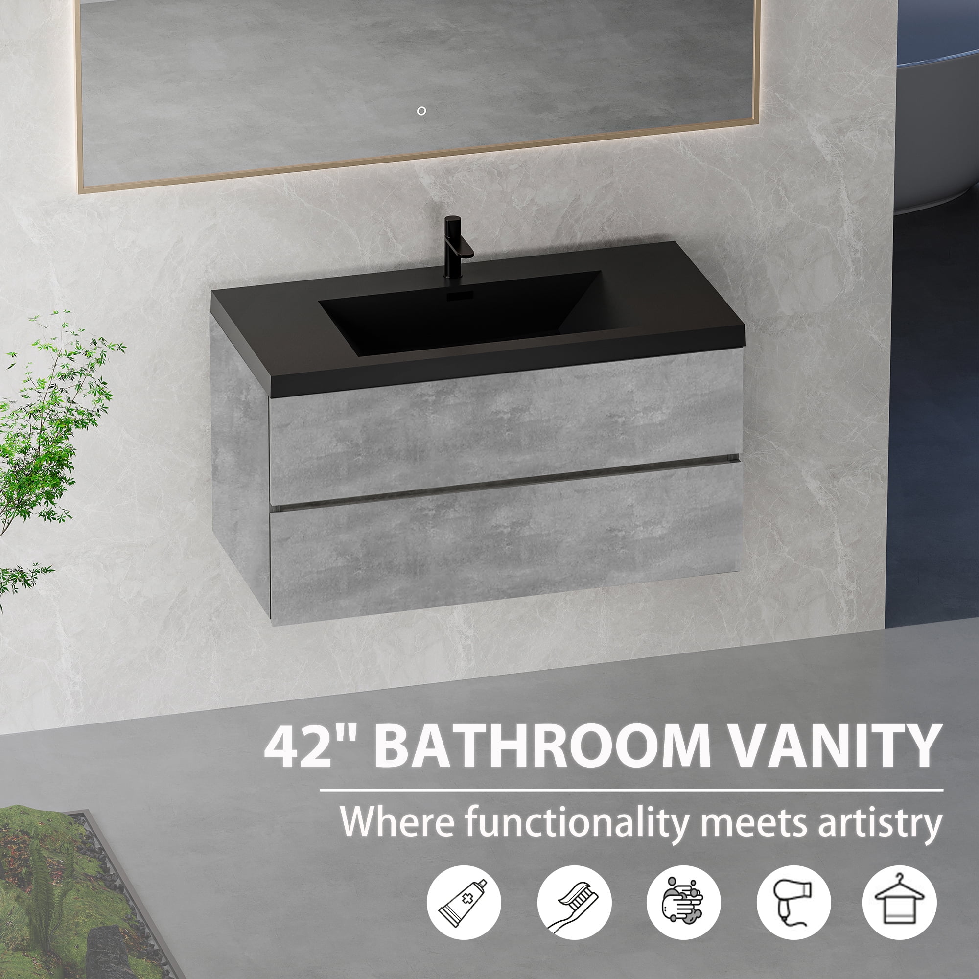 Demi Bonn 41" Floating Bathroom Vanity with Sink, Black Quartz Sand Top Basin and 2 Soft Close Drawers, Faucets and Drains Not Included, Gray