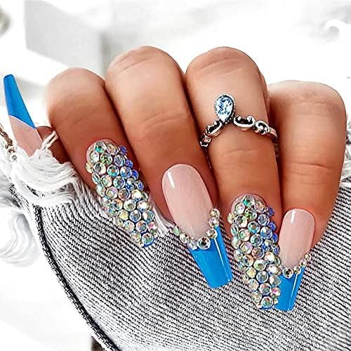 Glossy Coffin Long Press on Nails with Designs,Nude Acrylic Nails Press on, Stick on Nails for Women,Fake Nails with Blue Splicing Rhinestones for Nail  Art Decoration,24PCS | Walmart Canada