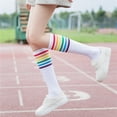 thumbnail image 4 of WEAIXIMIUNG Chaussettes de Soccer Rouges Jeunesse 1 Paire Cuissardes au-Dessus du Genou Rayure Arc-en-Ciel Chaussettes de Soccer pour Filles Noir Blanc, 4 of 9