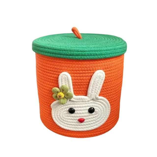 Lksixu Easter Bunny Basket with Lid, Cute Rabbit Design Woven Cotton Rope Storage Basket, Reusable Empty Easter Egg Hunting Bucket Large Capacity Candy Snack Toys Container for Party Favor