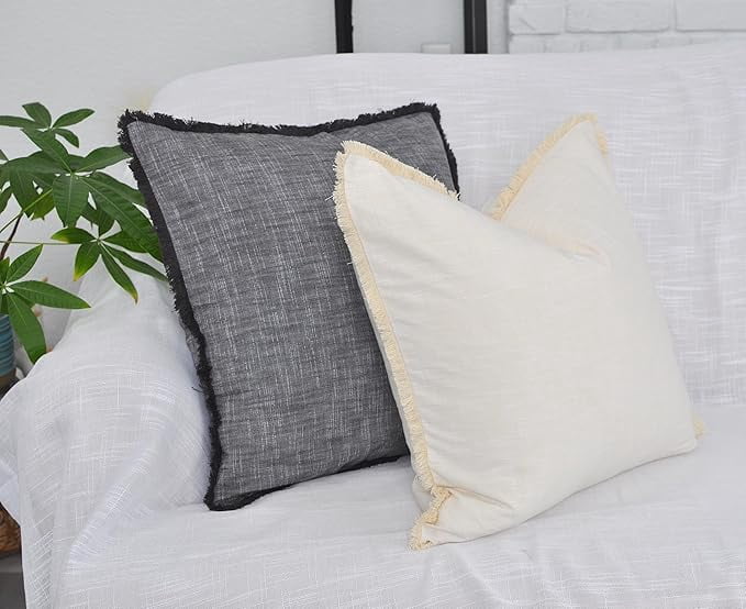 22×22 Cream White Decorative Fringe Organic Cotton Throw Pillow Covers Boho Farmhouse Cushion Cover with Tassels Linen Like Textured Accent Pillowcases for Bed Couch Chair Sofa Living Room Set of 2