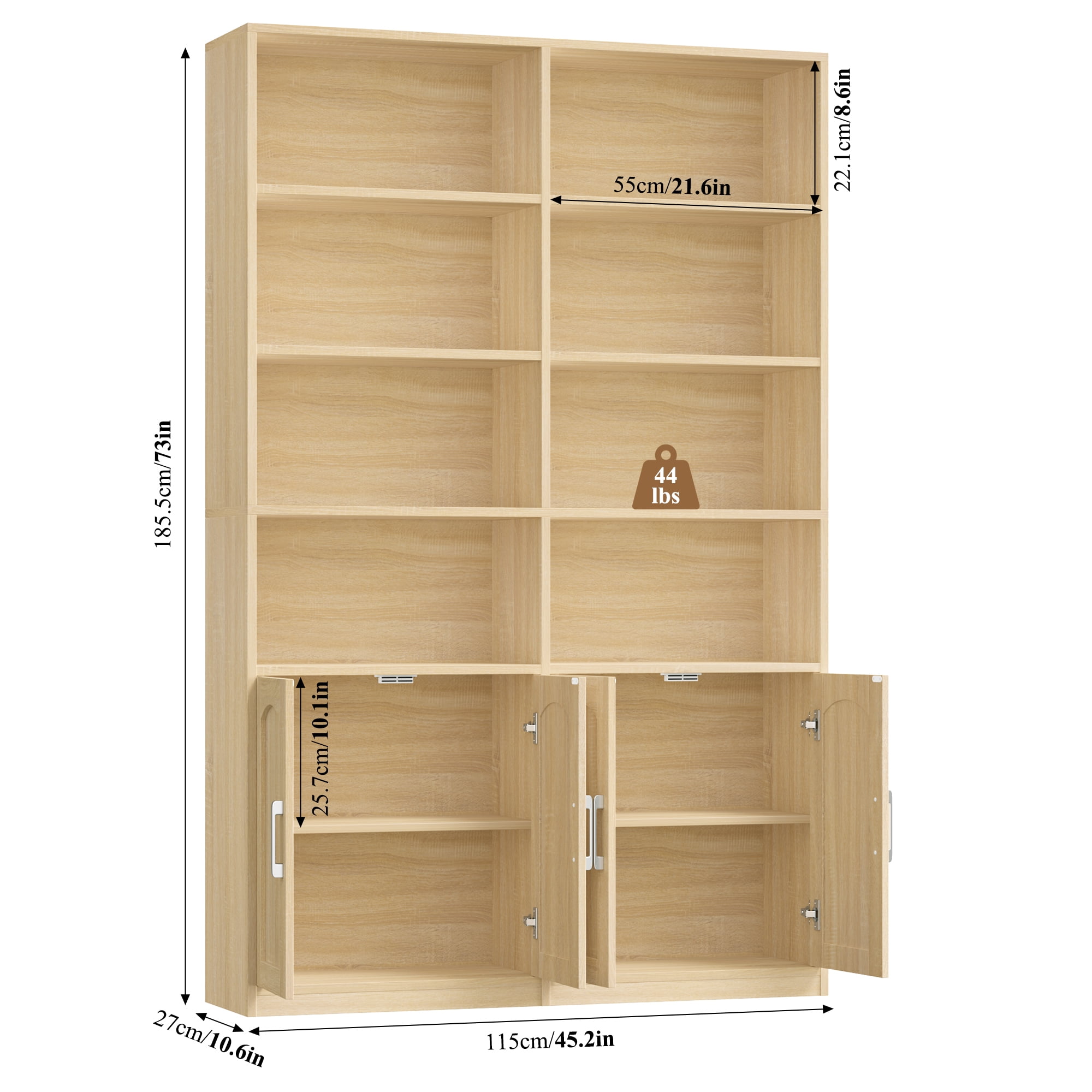 Homfa 73″ Tall Bookcases with Doors, 8 Cubes 6-Tier Double Row Bookshelf, Bookcase for Living Room Home Office, Light Oak