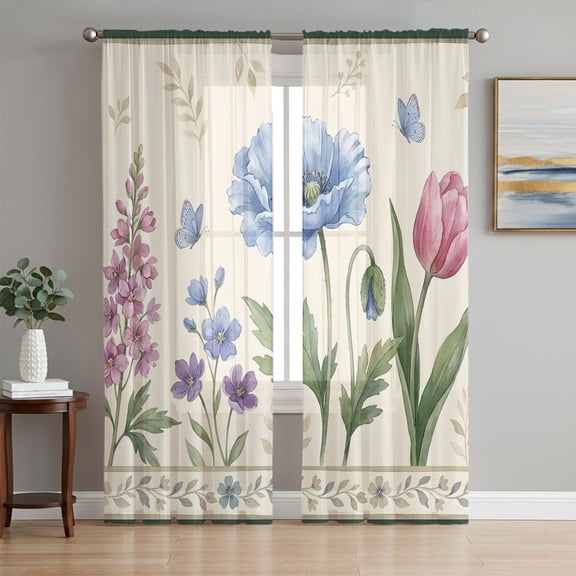 Blue Floral Sheer Curtains 72 Inch Length 2 Panels Set, Elegant Chic Farmhouse Flowers Beige Voile Window Treatment Rod Pocket Curtains Sheers Drapes for Bedroom/Living Room/Kitchen 52"x72"x2