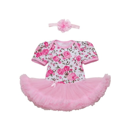 Short Sleeve Tutu - StylesILove Baby Girl Flower Print Short Sleeve Romper Tutu Dress with Matching Headband 2 pcs Set (95/18-24 Months, Pink)