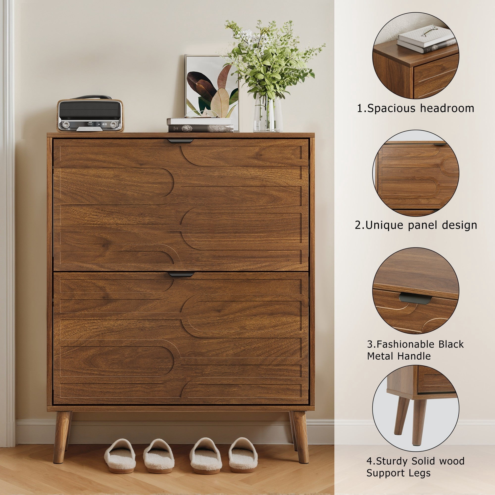 Sailvan 31.5" Mid-Century Modern Independent Shoe Cabinet, Fence Style with 2 Flip Drawers