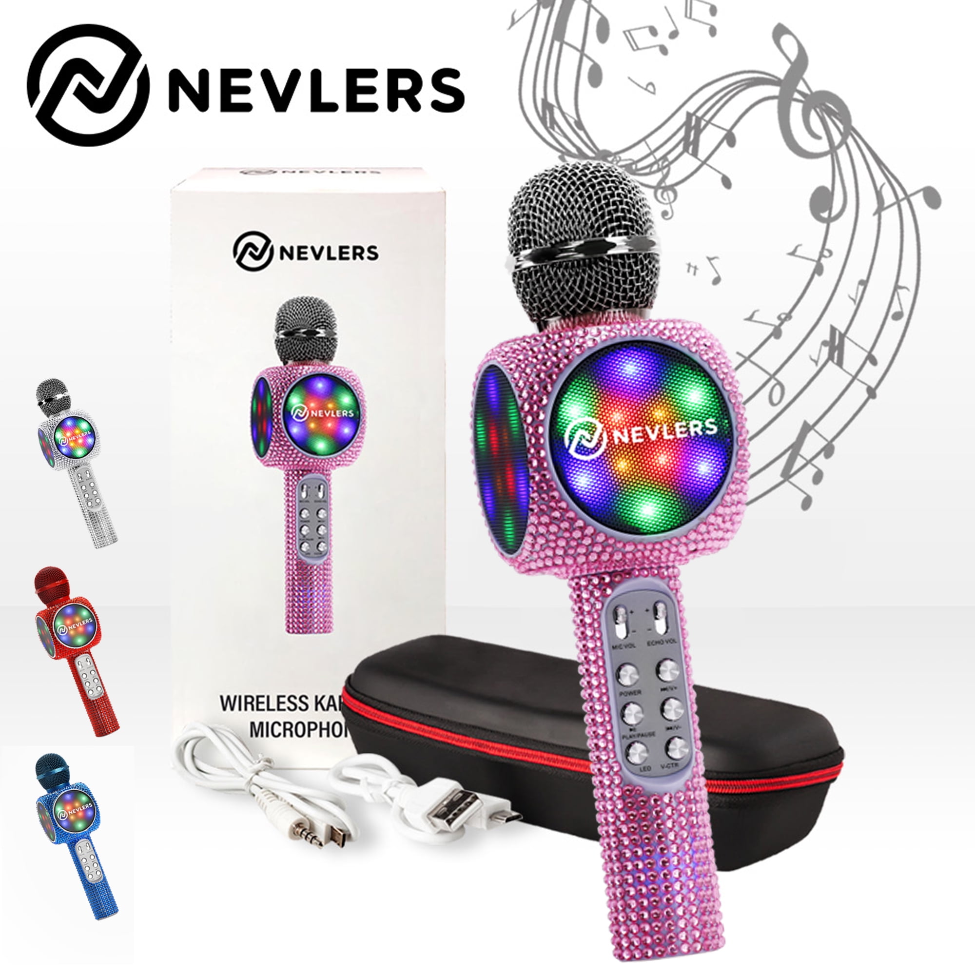 Nevlers Pink Karaoke Microphone with Colorful LED Lights, Voice Changer