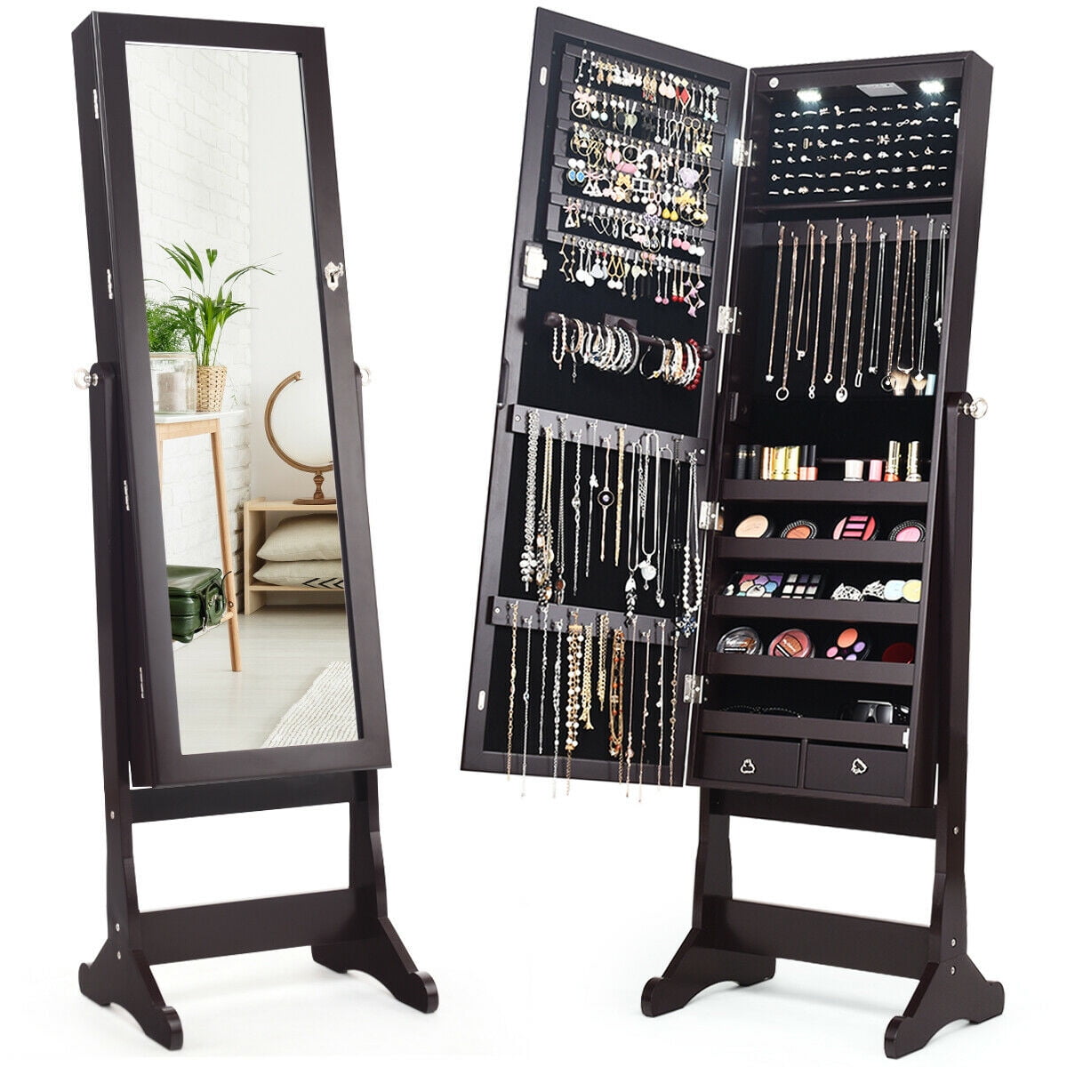 LED Jewelry Cabinet w/ Bevel Edge Full Size Mirror Standing Armoire Organizer 