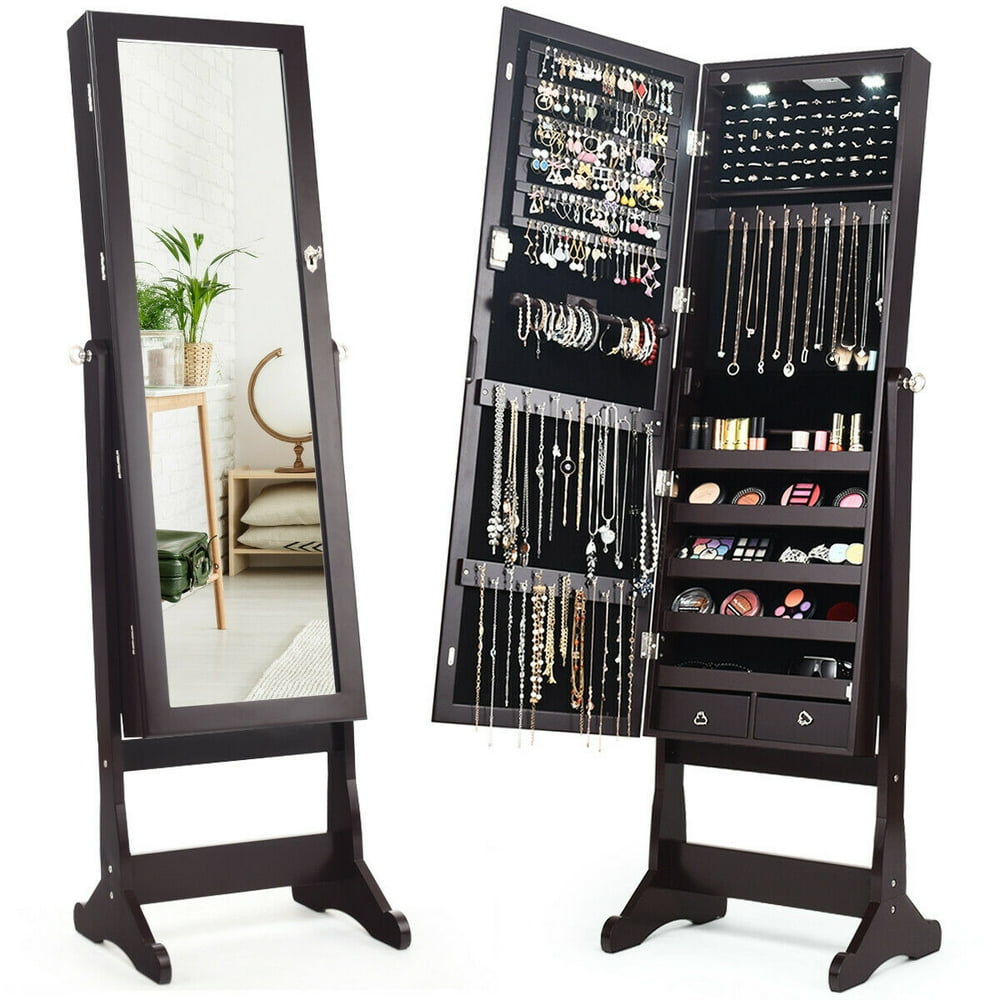 Costway Lockable Mirrored Jewelry Armoire Organizer Storage w/Stand & LED Lights