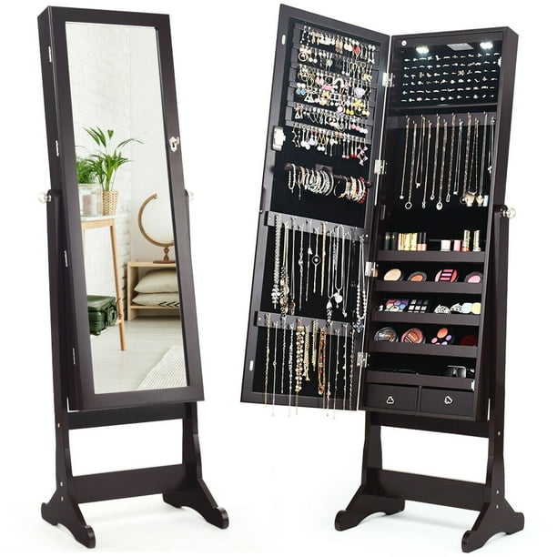 Costway Lockable Mirrored Jewelry, Jewelry Armoire Mirror With Lights