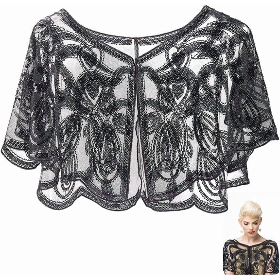 Black Flapper Wrap Shawl 1920s Womens Polyester Sequin Evening Cape Shawls and Wraps Sequins Beaded Sheer Silky Chiffon Cover Up