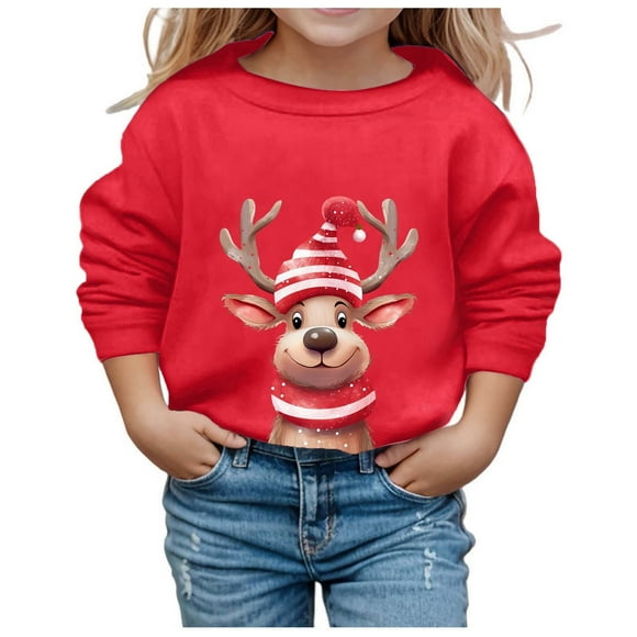 PMVFHDE Clearance Crewneck Sweatshirts Girls' Autumn And Winter Christmas Print Round Neck Long Sleeve Casual Hoodless Sweatshirt Girls Clothes,Red,3-4 Years