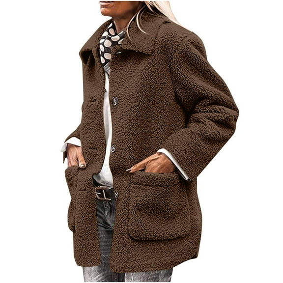VEKDONE Women's Winter Faux Fur Coats Long Sleeve Lapel Fleece Jackets Long Sleeve Button Down Plush Jacket with Pockets Solid Color Fashion Outerwear