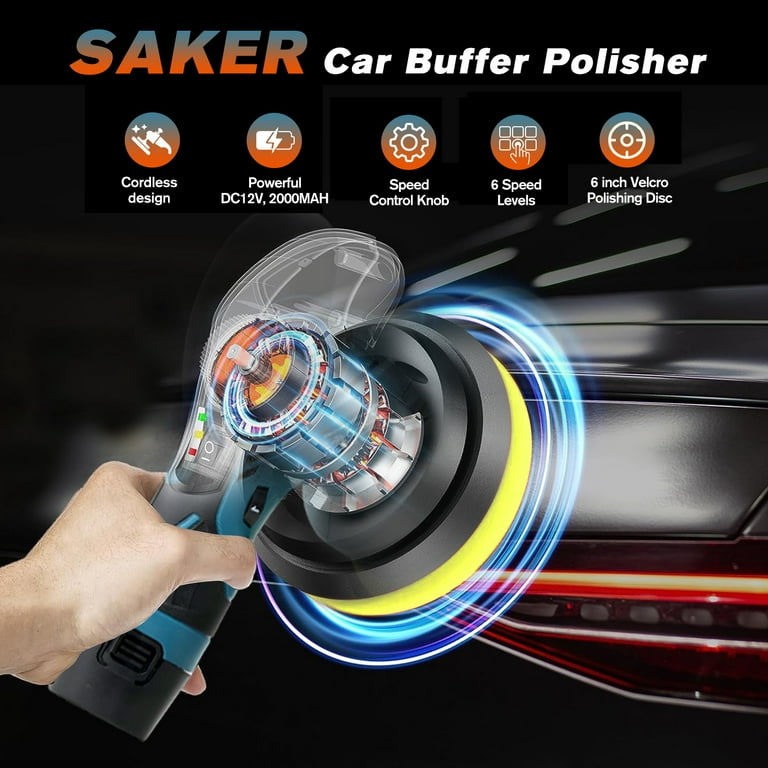 Saker 6 Inch Car Buffer Polisher, Cordless Polishing Machine Kit for Car  Detailing, Extra 10PCS Attachments(2PCS 12V 2000mAh Batteries)