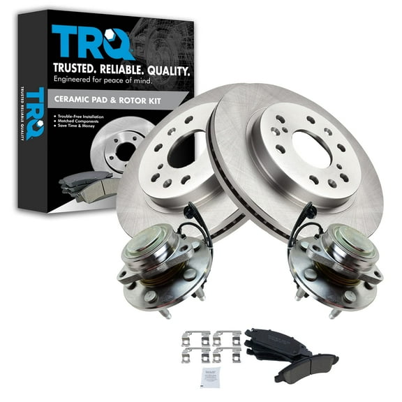TRQ Front Ceramic Pad Set Brake Rotor & Wheel Bearing Kit Fits Select Cadillac Chevy GMC