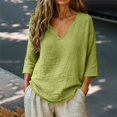 thumbnail image 2 of Womens 3/4 Sleeve Tops V Neck Elbow Sleeve Tops Women Breathable Shirts Loose Fit Womens Shirts Casual Work Top Cute Summer Tops Linen Shirts for Women Fall Outfits for Women,Light Green2,L, 2 of 5