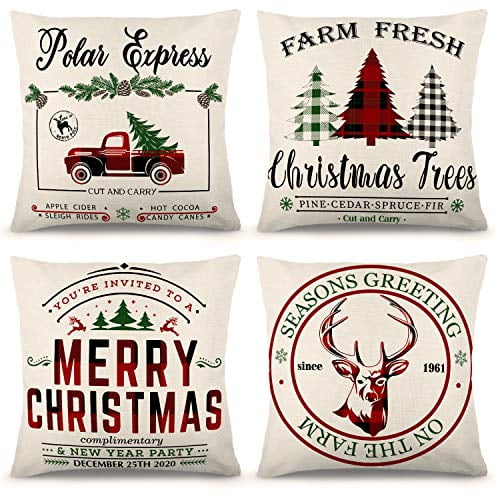 YGEOMER Christmas Pillow Covers 18×18 Inch Set of 4 Farmhouse Black and Red Buffalo Plaid Pillow Covers Holiday Rustic Linen Pillow Case for Sofa Couch Christmas Decorations Throw Pillow Covers