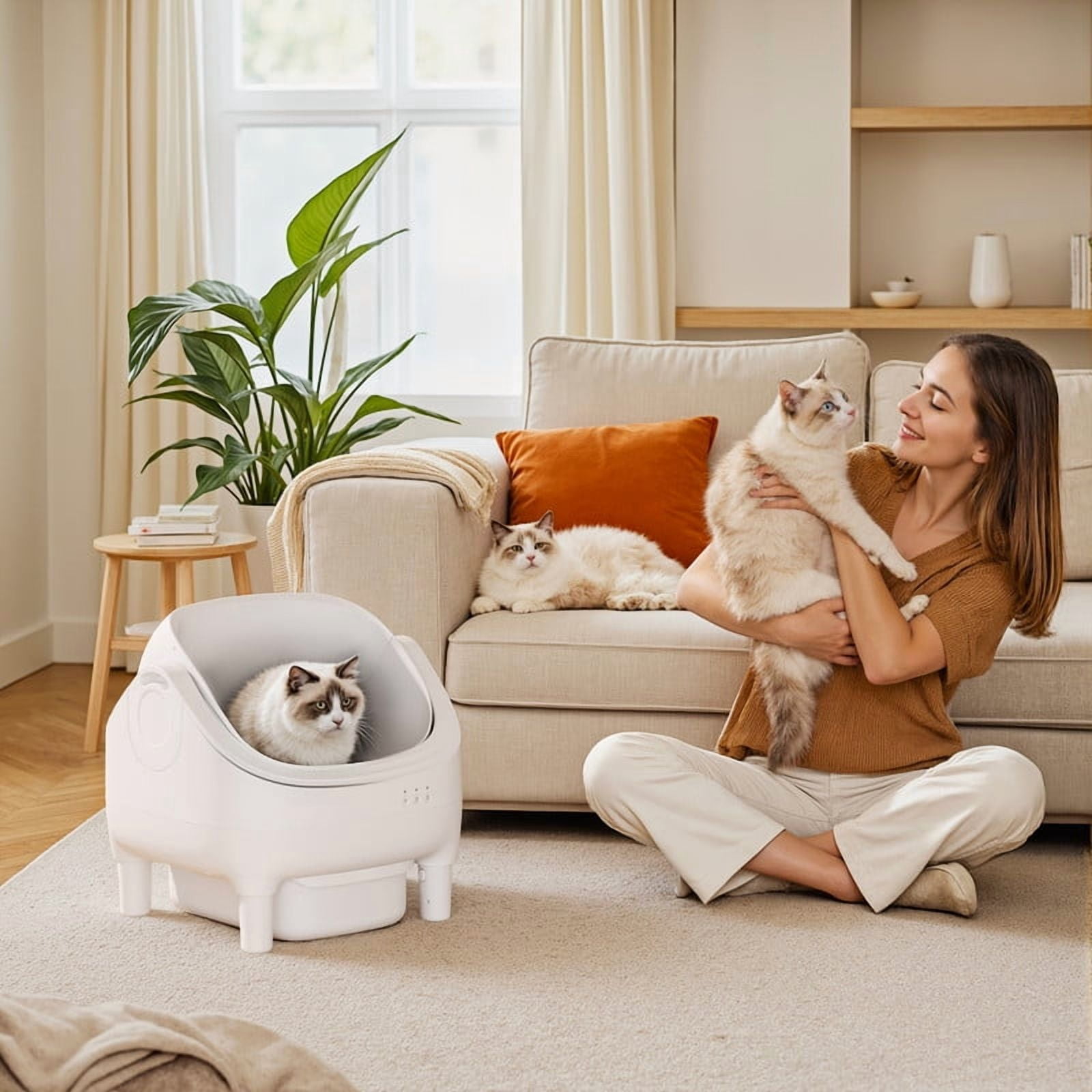 Homall Automatic Self-Cleaning Cat Litter Box – Large Open-Top Design for Multi-Cat Families, Integrated Safety Protection, Includes Trash Bags, White