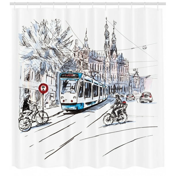 Sketchy Shower Curtain Hand Drawn Tram And Bicyclists Cityscape Of Amsterdam Netherlands Urban Life Fabric Bathroom Set With Hooks Blue Lilac White By Ambesonne Walmart Com Walmart Com