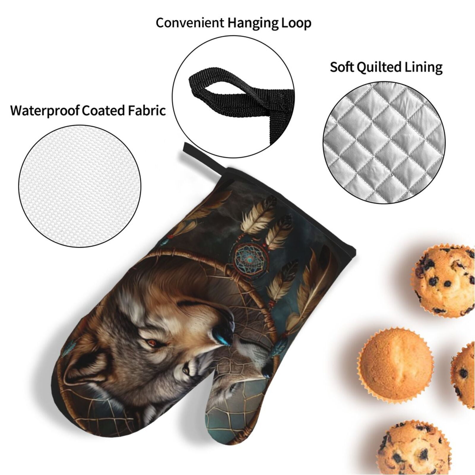 Wolf Indian Dream Feather 4Pcs Oven Mitts and Pot Holders Sets Oven Kitchen Gloves Hot Pads for Cooking BBQ Baking Grilling