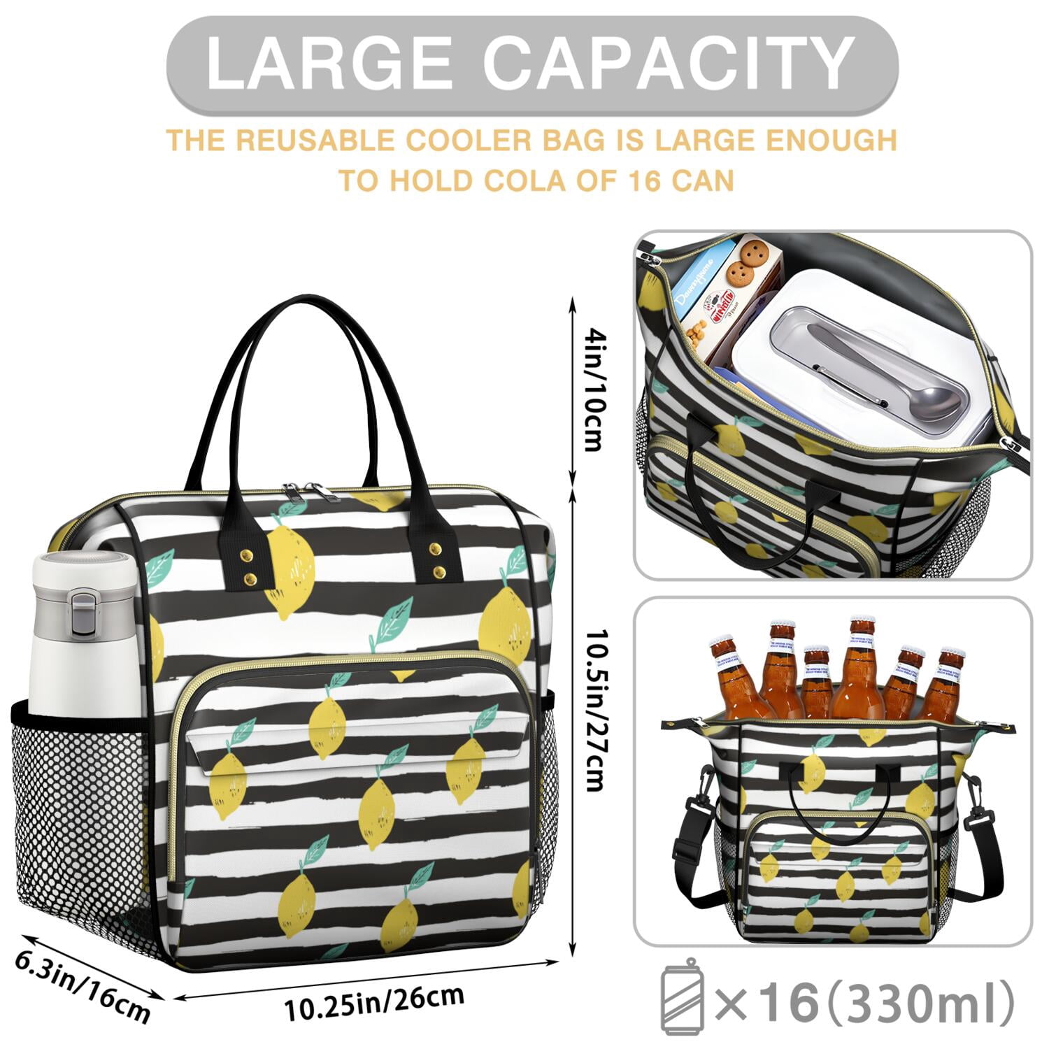 Cute Lemon Pattern Insulated Lunch Bag - Leakproof & Waterproof Food Storage Tote with Shoulder Strap for Work, School, Travel