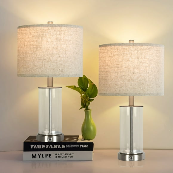 OUTON 2 Pack Glass Table Lamps for Bedroom, Touch Dimmable Bedside Lamps with USB Ports  for Living Room&Office, Modern Nightstand Lamps for Home Lighting Decoration