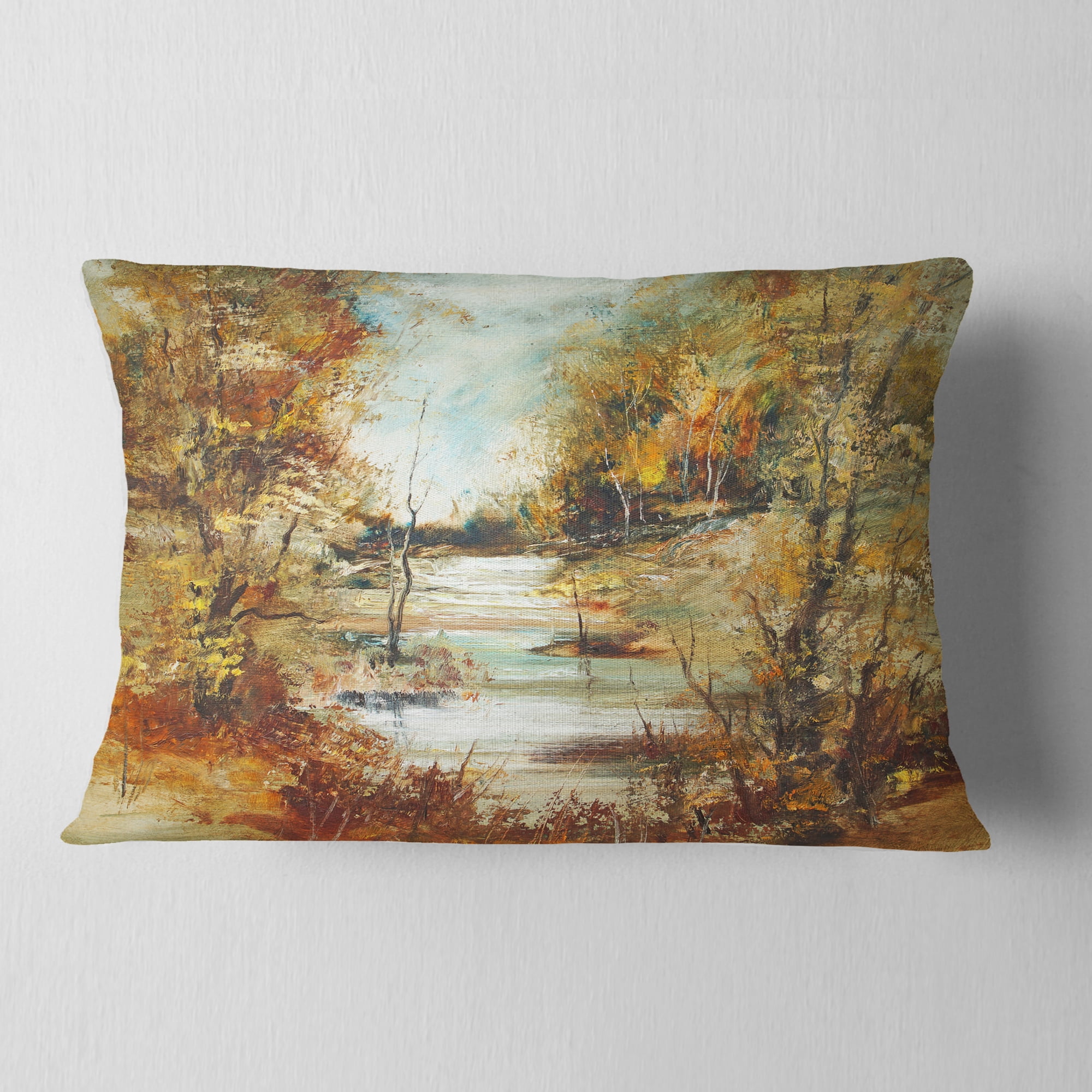 Designart Brown River in Forest - Landscape Painting Throw Pillow - 12x20