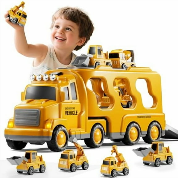 Construction Truck Toys Set for Kids Aged 1 2 3 4 5 6 7 8,Truck Playset with Toy Cars,Light and Sound,Movable Parts Construction Toys for Toddlers,Birthday Gifts for Boys Girls 2-4 4-7