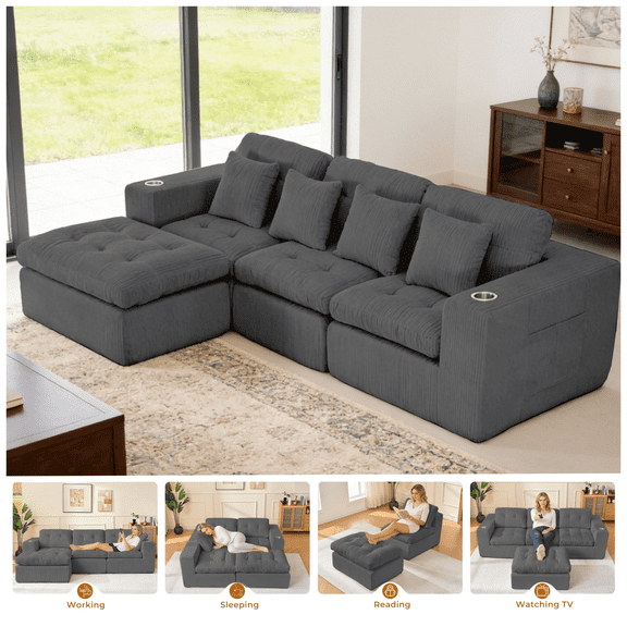 Palifte Sectional Couch Modern Modular Cloud Couch with Deep Seat Corduroy Sofas for Living Room, Free Combination, No Assembly Required, Gray