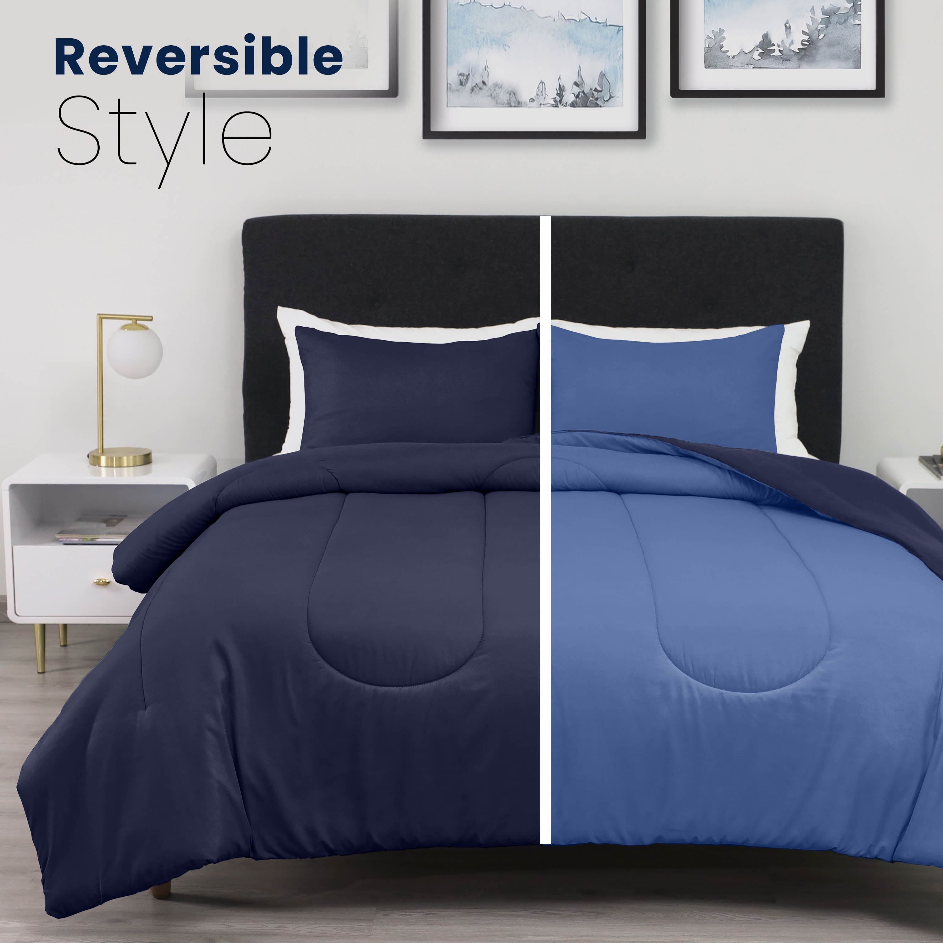 Martex 3-Piece Reversible Comforter Set, King, Super Soft Lightweight Microfiber Bedding Set, Navy/Ceil Blue
