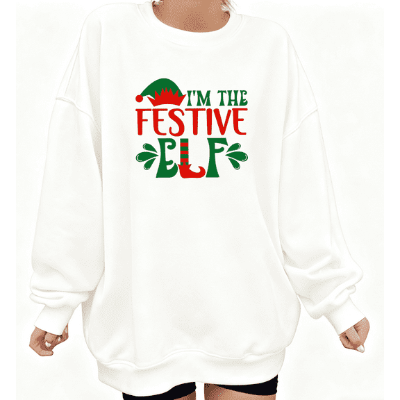 Festive Elf Sweatshirt - I'm The Festive Elf Design Long Sleeve Crewneck Tops with Red Green Lettering Pattern, Playful Holiday Pullover