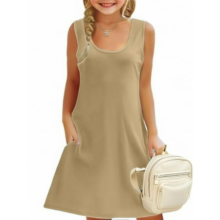 Tisuna Girls Solid Color Vest Dress Child Sleeveless Suspender Summer Dresses Breathable Soft Little Girls Casual Dailywear Khaki Size 11-12 Years
