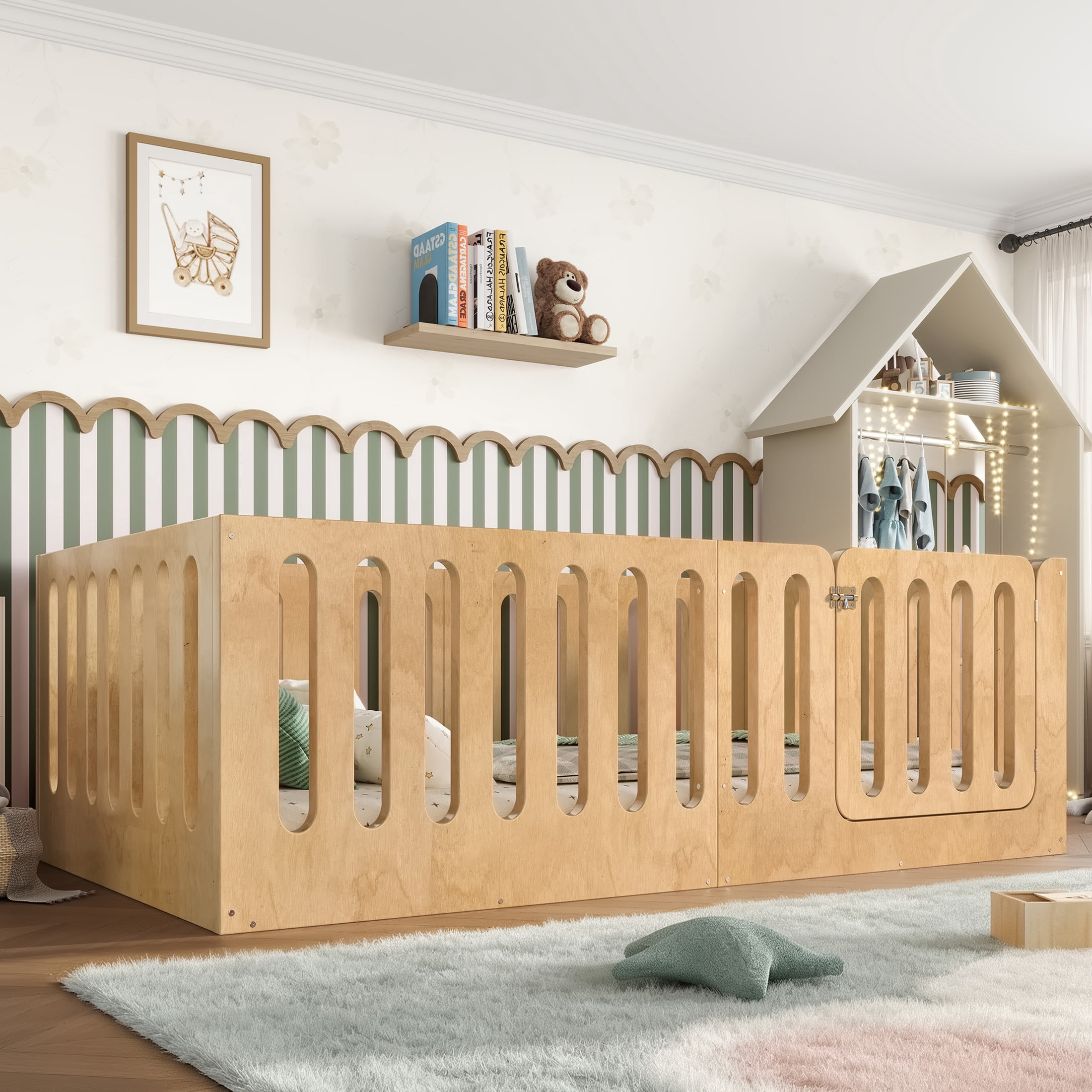 Noble House Twin Size Montessori Floor Bed with High Fence, Solid Wood Kids Bed Frame, Natural