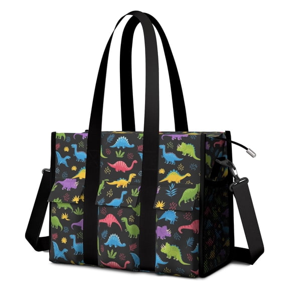 Teacher Tote Bag,Black Cartoon Colorful Dinosaurs Plants Pattern Teacher Utility Tote Bag,Large Work Tote Bags for Women with Multiple Pockets,Top Zipper Closure,13.8x10.6x6.7 Inch