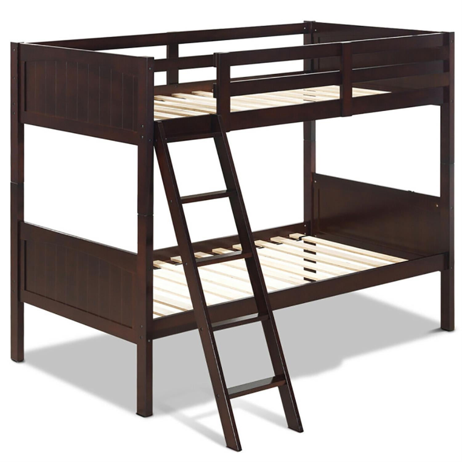 Demi Bonn Solid Wood Twin Over Twin Bunk Bed with Ladder, Twin Bunk Beds, Converts to 2 Individual Twin Beds, Brown