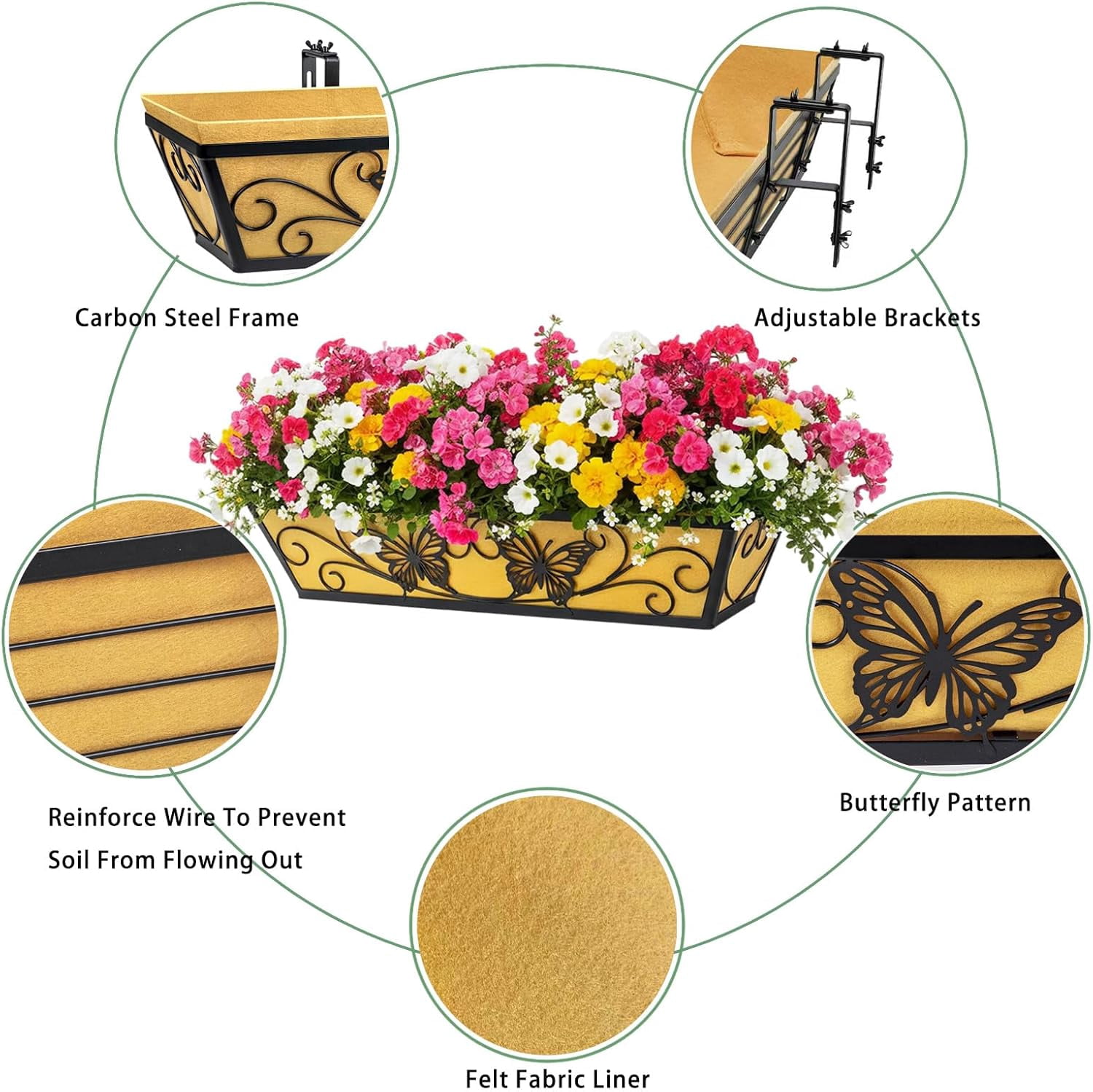 2 Pack 24 Inch Window Boxes Planter Railing Planters Box with Adjustable Brackets for Porch Deck Balcony Hanging Butterfly Decorative Flower Baskets & Non-Woven Fabric Liner for Outdoor Plants -Black