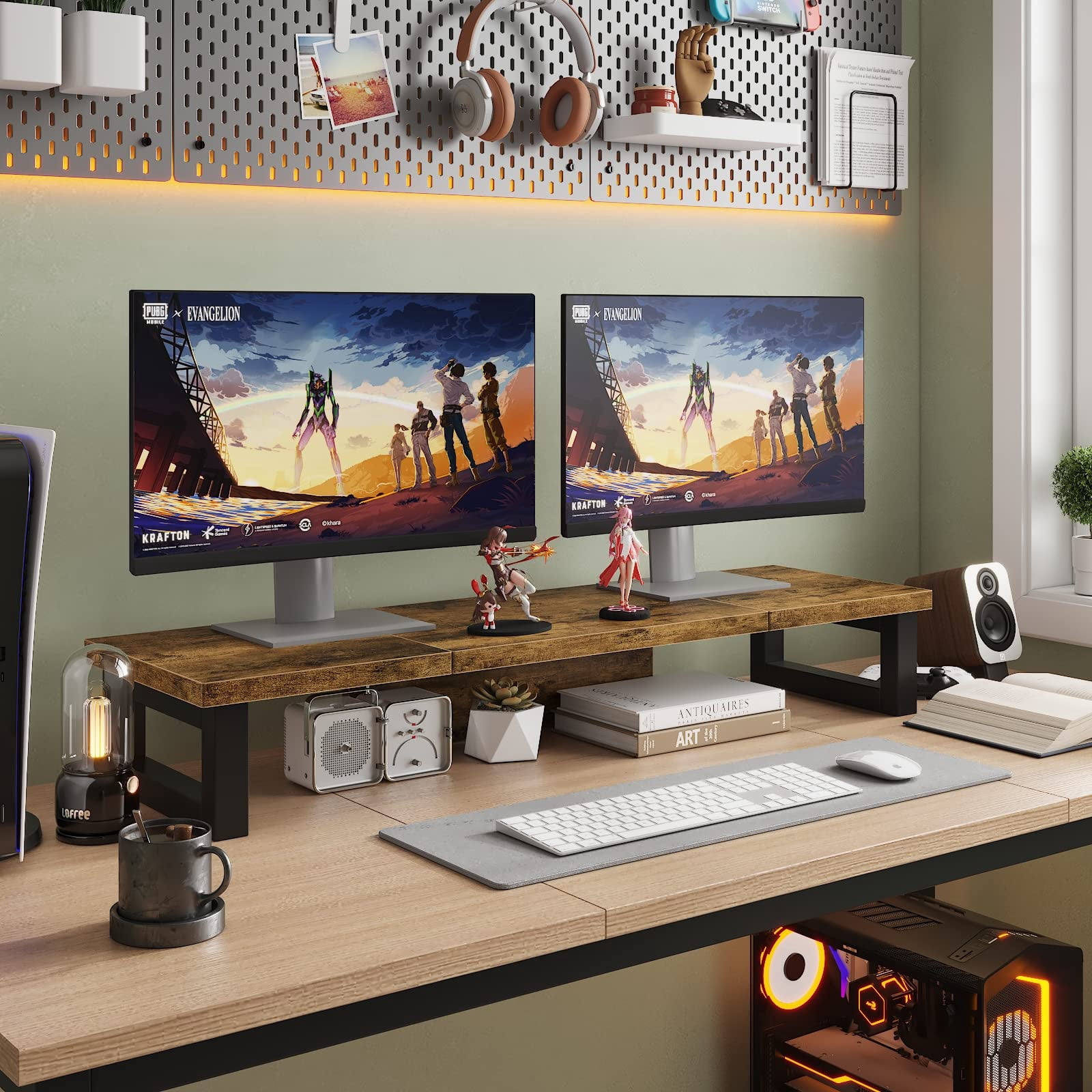 Dual Monitor Stand Riser  Wood And Steel Computer For 2 Monitors Multi-purpose Desktop Storage Laptop Printer Tv
