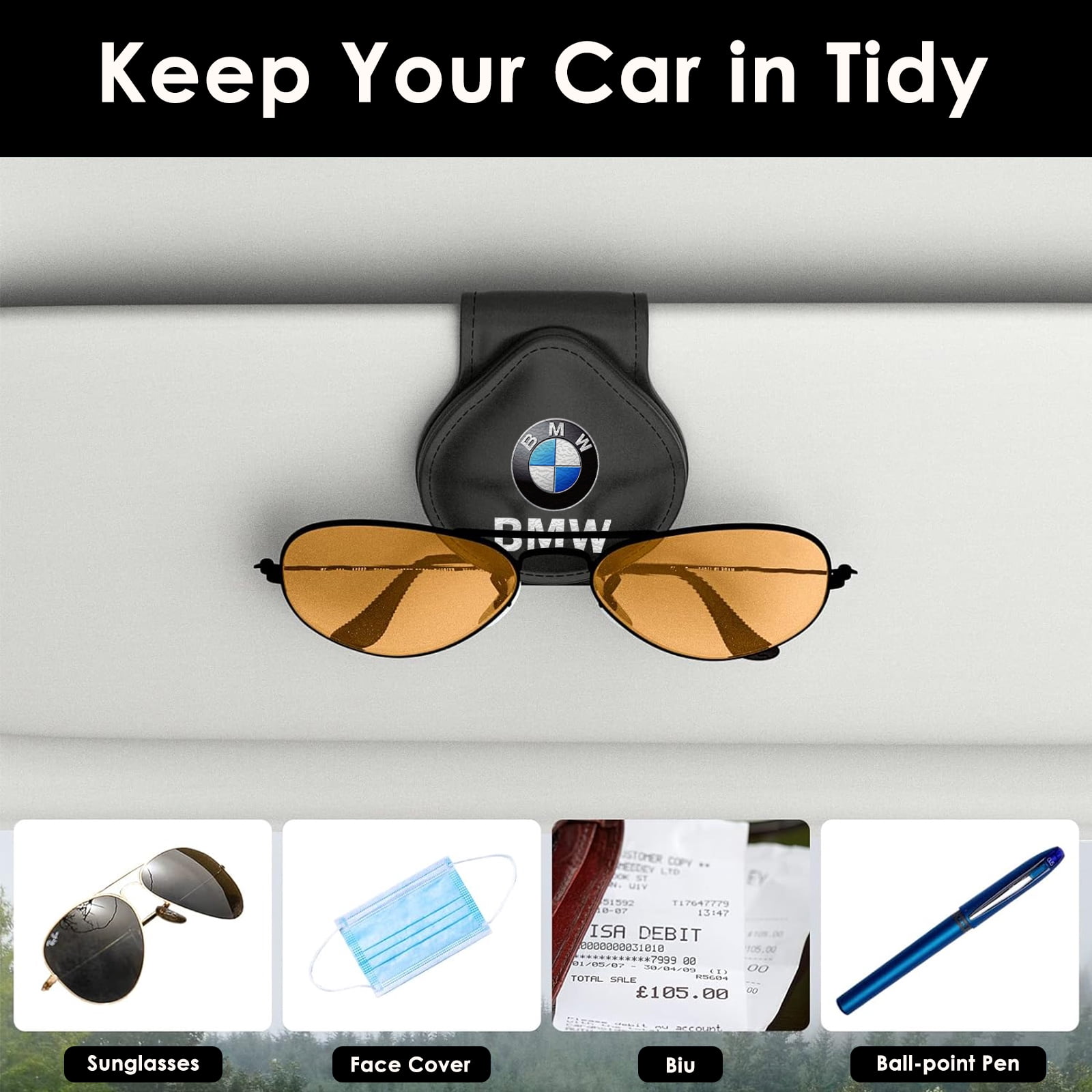 BMW Sunglass Holder for Car, Magnetic Leather Sunglasses Holder and Ticket Card Clip, Car Visor Accessories, 2 Packs (Black)